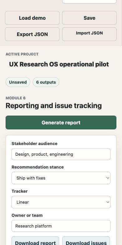 UX Research Operating System workspace with module navigation and generated research output
